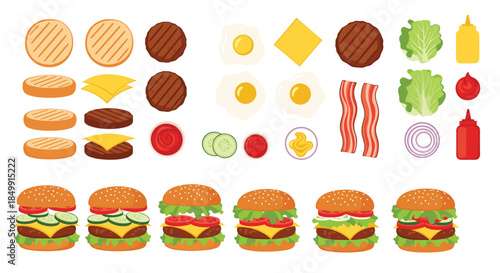 Illustration of classic burger components like buns, patties, cheese, fresh vegetables, sauces, and a variety of gourmet burgers ready to eat, presented neatly.