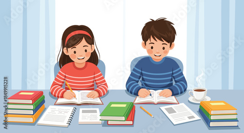 Two happy children, a boy and a girl, diligently studying at a desk surrounded by books and school supplies, engaged in learning and homework.