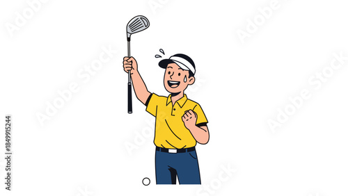 Excited young golfer celebrates a successful shot with a raised golf club and joyful expression.