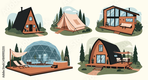 Collection of unique glamping accommodations and vacation rentals, including A-frame cabins, a geodesic dome, and a safari tent, set in nature.
