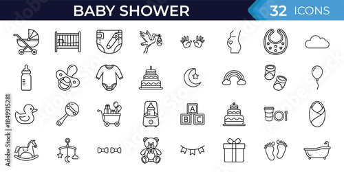 Baby shower outline icon set. Set includes stroller, crib, diaper, pacifier, baby bottle, cake, gift, toys, clothes and newborn celebration symbols