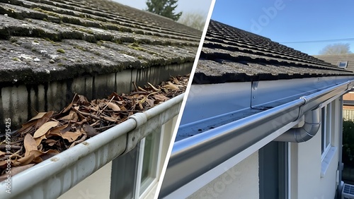 Dramatic before and after transformation of a dirty roof and clogged gutter to a clean system