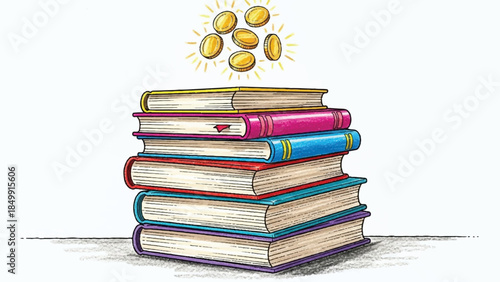 Stack of Colorful Books with Glowing Gold Coins Above, Concept for Book Royalties, Knowledge Monetization, and Profitable Education