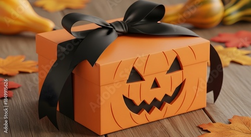 A spooky glowing jack-o-lantern with a carved smile sits beside an orange halloween gift box for a scary october holiday celebration isolated on a black background