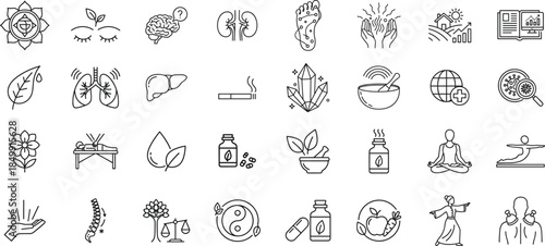 Alternative and Holistic Health outline icon set. Set includes wellness therapy, herbal medicine, meditation, detox, energy healing and natural health care symbols