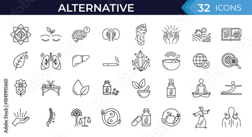 Alternative and Holistic Health outline icon set. Set includes wellness therapy, herbal medicine, meditation, detox, energy healing and natural health care symbols