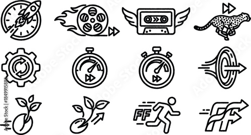 Set of line icons for fast speed and rapid progress concepts