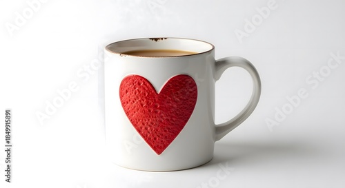 A single isolated white ceramic mug filled with hot black espresso coffee features a red heart shape for a morning breakfast beverage of love