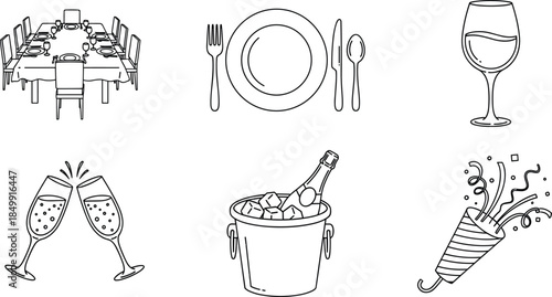 Dining and celebration line icon set with table setting, wine glass, champagne toast, party popper, festive event elements