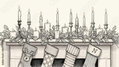 Christmas fireplace mantel with hanging stockings and candles vector sketch illustration