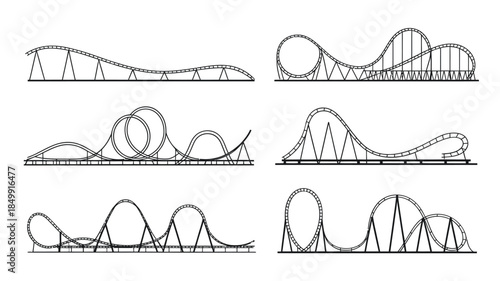 Schematic illustrations of various roller coaster track designs and layouts