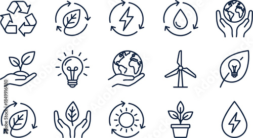 Eco friendly sustainability line icon set featuring recycling, renewable energy, green power, nature care, environment protection symbols