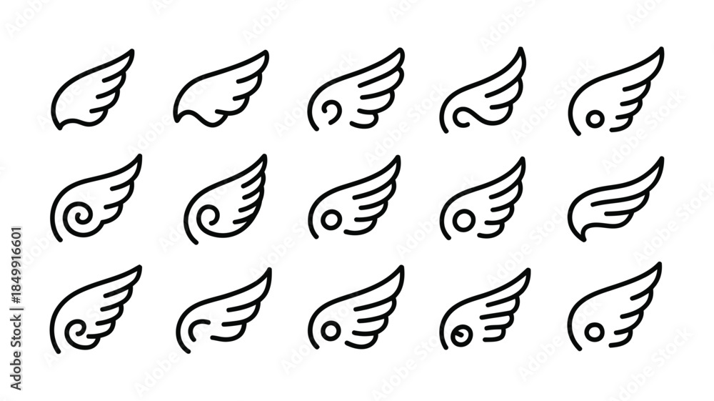 Fototapeta premium A collection of simple black and white wing illustrations in different styles