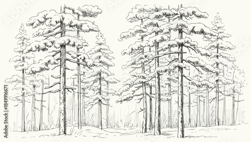 Dense pine forest landscape in hand drawn sketch vector illustration style