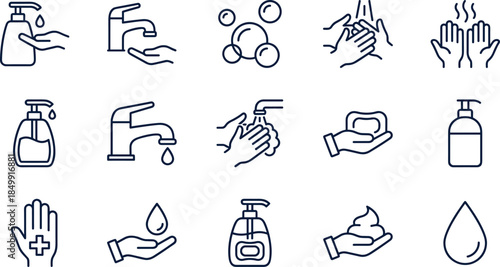 Hand hygiene and washing line icon set featuring soap, sanitizer, water tap, clean hands, healthcare safety symbols
