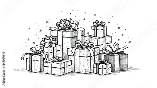 Group of wrapped christmas gift boxes pile in hand drawn vector sketch