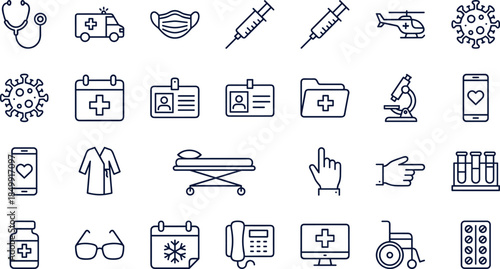Medical healthcare line icon set featuring hospital equipment, emergency services, patient care, virus protection, clinical tools, modern healthcare symbols