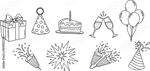 Party celebration line icon set with birthday cake, gift box, balloons, confetti, champagne glasses, fireworks, festive elements