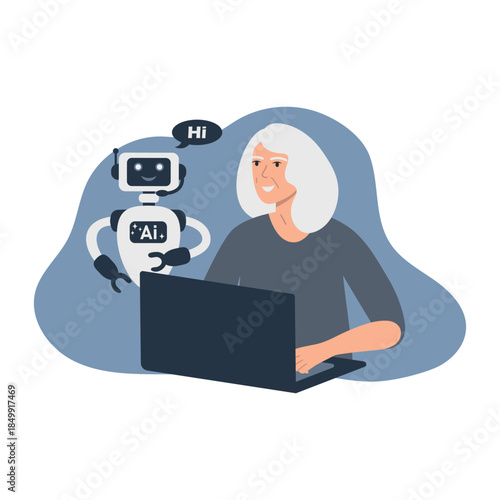An elderly woman uses artificial intelligence. Search, write text, and generate content using a chatbot