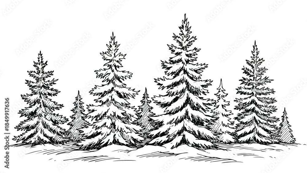 Fototapeta premium Snowy pine forest trees in hand drawn minimal vector sketch background