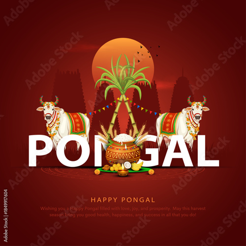 Vector illustration of Happy Pongal Holiday Harvest Festival of Tamil Nadu South India greeting background design.