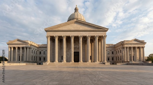 Grand stone government building with classical columns and dome. Official business, education, justice architecture representation.