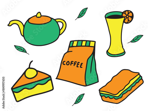 Colorful Flat Illustration of Cafe Food Collection