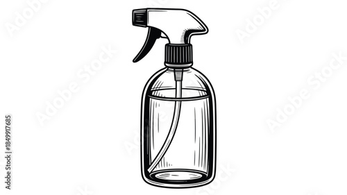 Detailed sketch of a clear spray bottle with a black trigger mechanism
