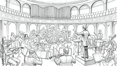 Orchestra conductor leading musicians in a grand concert hall vector illustration