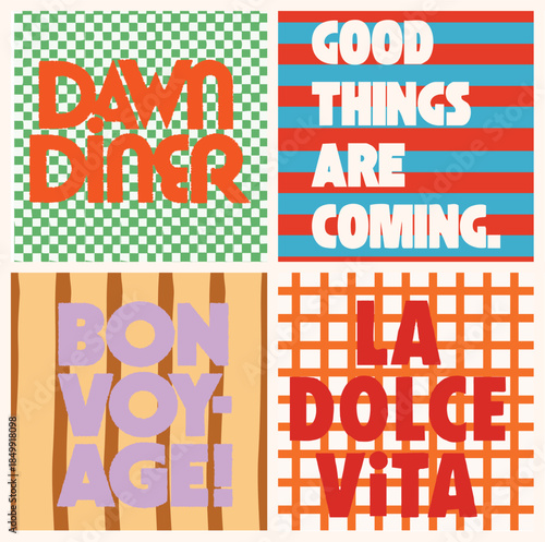 Retro lines with Summer slogan 90`s vintage  poster dawn diner good things are coming la dolce vita bonvoyage 