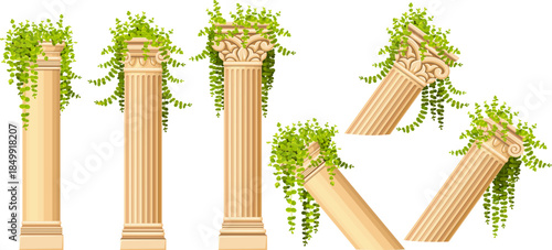 Set of yellow pillars for facade decorated moneywort  Isolated cartoon columns with creeper coin loosestrife, nummularia. in style of provence. Vector objects for computer games.