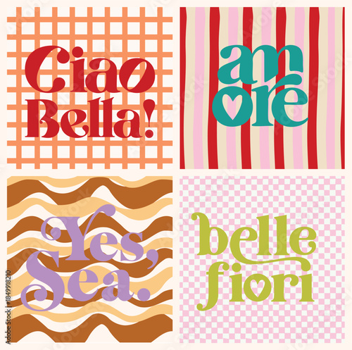 Retro lines with Summer slogan 90`s vintage  poster amore ciao bella belle fiori yes sea wave 