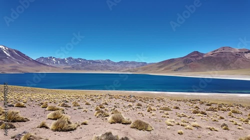 San Pedro de Atacama, Chile: Panorama footage of Lagunas Miscanti,  blue water lake near San Pedro de Atacama, Chile with Miñiques volcano in the background in south America on the Altiplano