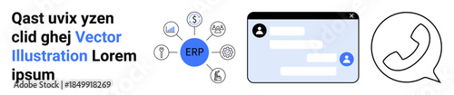 Business technology, ERP system, communication solutions, customer service, process automation, and messaging platforms. Circular ERP diagram and chat window with phone symbol. ERP system