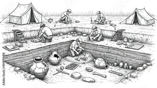 Archeological excavation site with ancient ruins and pottery workers sketch
