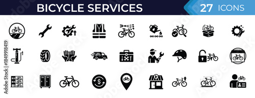 Bicycle services solid icon set. Set includes bike repair, maintenance, rental, delivery, safety equipment and cycling service symbols