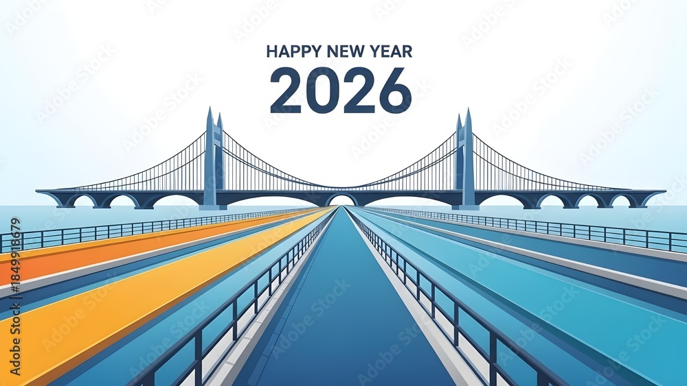Obraz premium Happy New Year 2026 Bridge Perspective - Highway Journey, Future Path Concept, Architectural Illustration, Road to Success & Transport Theme