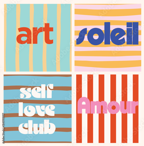 Retro lines with Summer slogan 90`s vintage  poster art soleil self love club amour