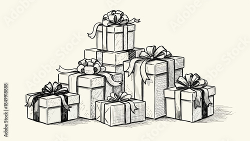 Large pile of wrapped christmas gifts and present boxes vector sketch illustration