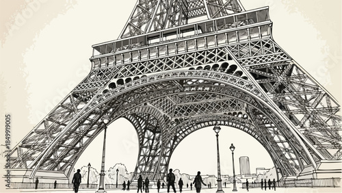 Bottom view of eiffel tower architecture landmark in paris vector sketch
