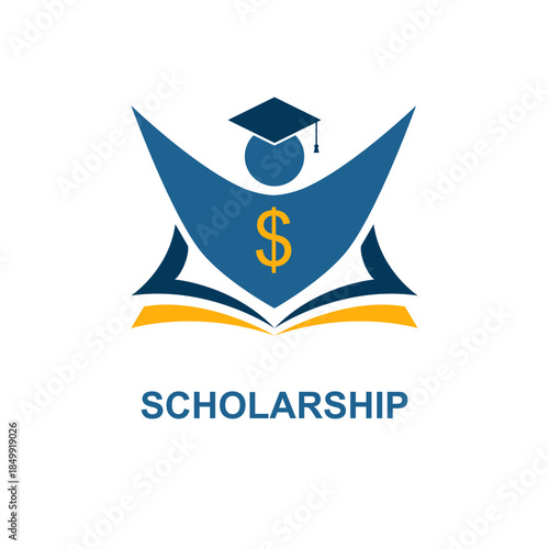 Educational scholarship logo concept vector illustration on white background. Books, dollar symbol and graduation hat in flat design.