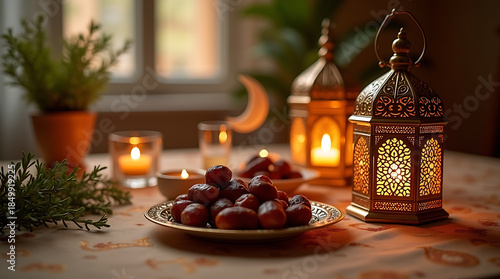 Ramadan Iftar Table with Dates and Lantern – Islamic Concept