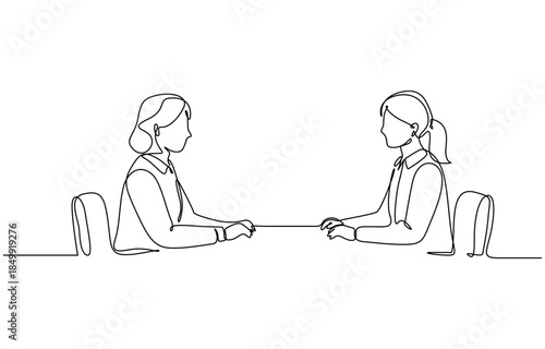 Continuous Line Drawing of Two women are talking at the table job interview, vector modern simple one line design