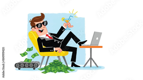 Successful Entrepreneur Relaxing with Cocktail and Laptop While Money Printer Generates Passive Income and Financial Freedom
