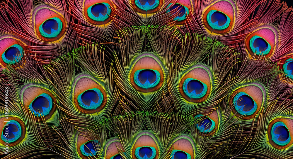 Obraz premium Vibrant peacock feathers with colorful patterns on dark background
