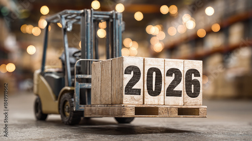 Forklift carries '2026' blocks on a pallet, representing the upcoming year. The blurred warehouse backdrop adds a sense of activity and industry.