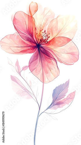 Glowing delicate bloom with translucent pink and purple petals on a soft ethereal stem