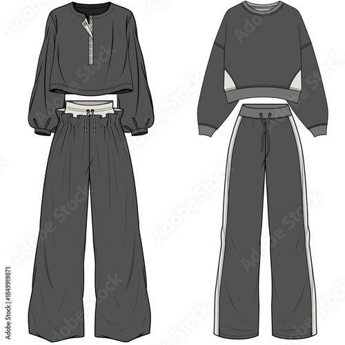 vector oversize woman tracksuit technical CAD drawing with zipper hoodie and relaxed pants. Fashion flat sketch for sportswear design. contrast details.