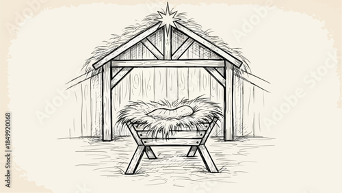 Traditional wooden nativity manger crib in stable vector sketch illustration
