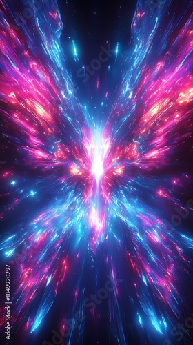 Vibrant energy burst of glowing blue and pink light spreading dynamically across dark space